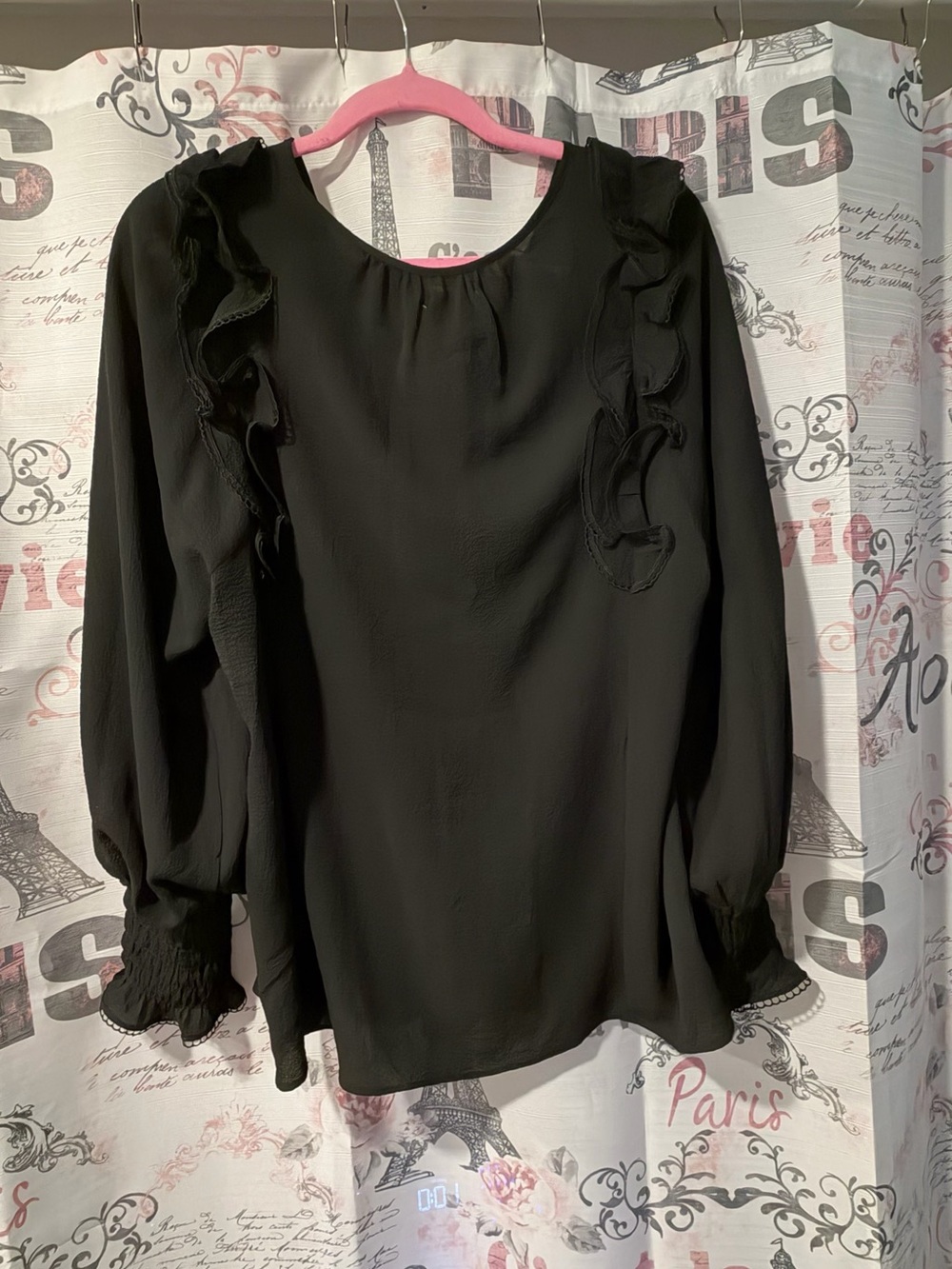 Max Studio Black Ruffle-Trim Long Sleeve Blouse